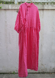 Elegantes Festtagskleid aus Leinen mit Stehkragen und Knopf in Rose mit halben Ärmeln