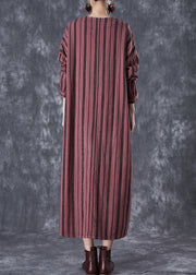 Classy Rust Red Embroidered Striped Linen Vacation Dresses Fall