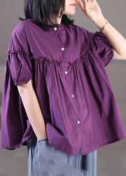 Elegantes, einfarbiges, lila, gekräuseltes, faltiges Patchwork-Knopf-Baumwollhemd mit kurzen Ärmeln