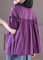 Elegantes, einfarbiges, lila, gekräuseltes, faltiges Patchwork-Knopf-Baumwollhemd mit kurzen Ärmeln
