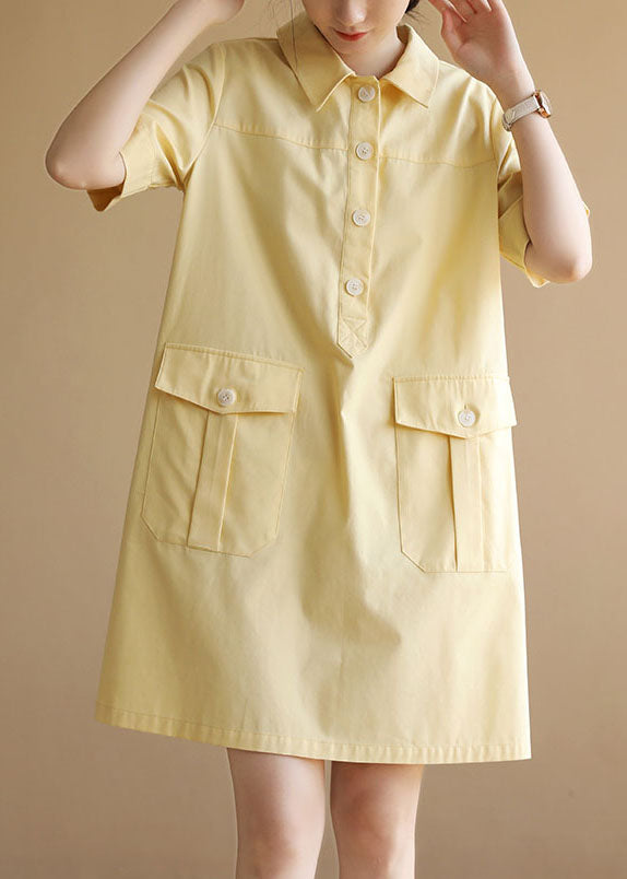 Classy Solid Yellow Peter Pan Collar Pockets Button Cotton Maxi Dress Short Sleeve