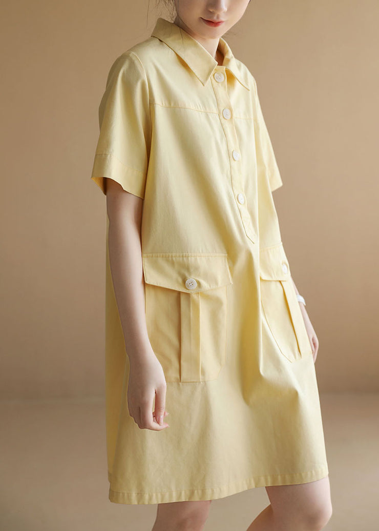 Classy Solid Yellow Peter Pan Collar Pockets Button Cotton Maxi Dress Short Sleeve