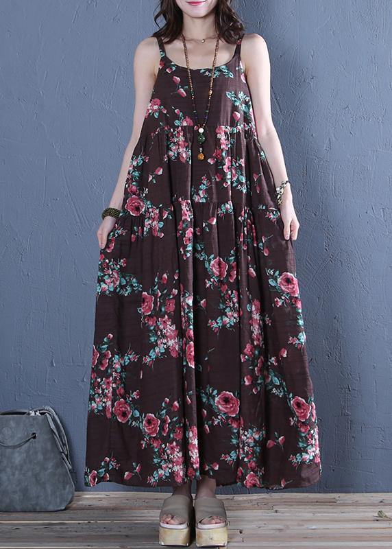Classy Spaghetti Strap cotton Wardrobes pattern rose print long Dress - SooLinen