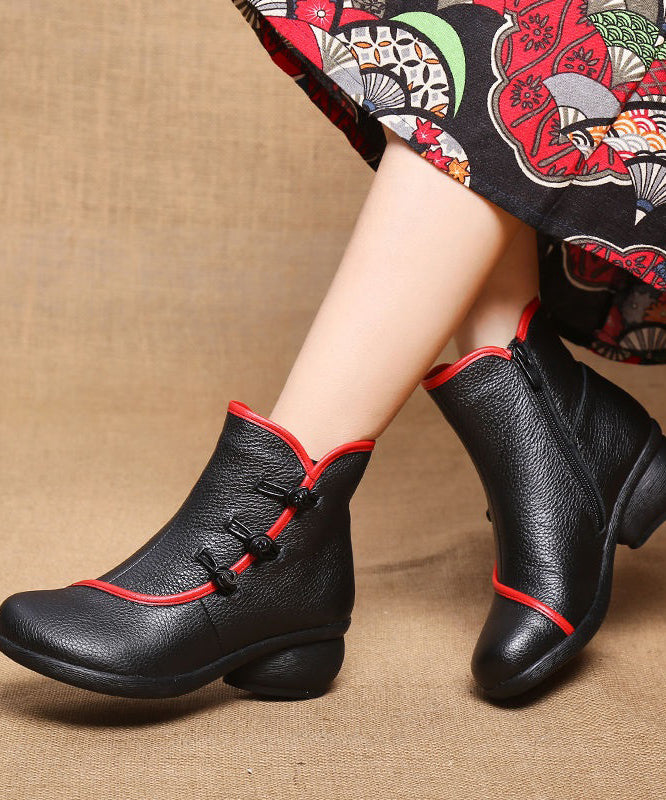 Classy Splicing Warm Fleece Chunky Ankle Boots Black Cowhide Leather
