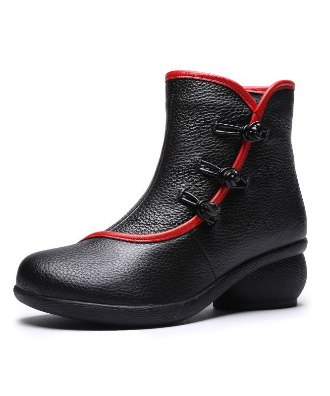 Classy Splicing Warm Fleece Chunky Ankle Boots Black Cowhide Leather