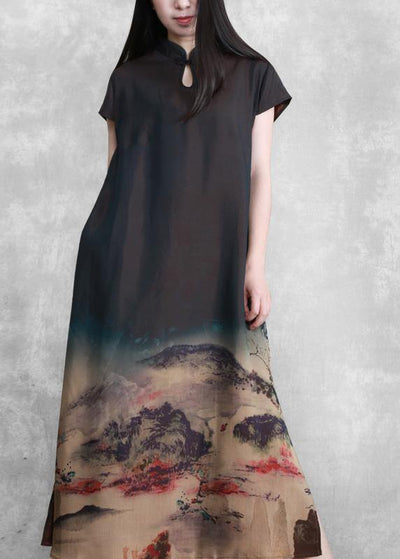 Beautiful Mountain Paiting Satin Dress Long Summer Dresses - SooLinen