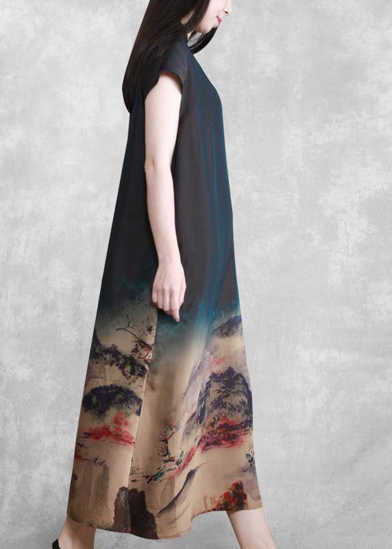 Beautiful Mountain Paiting Satin Dress Long Summer Dresses - SooLinen