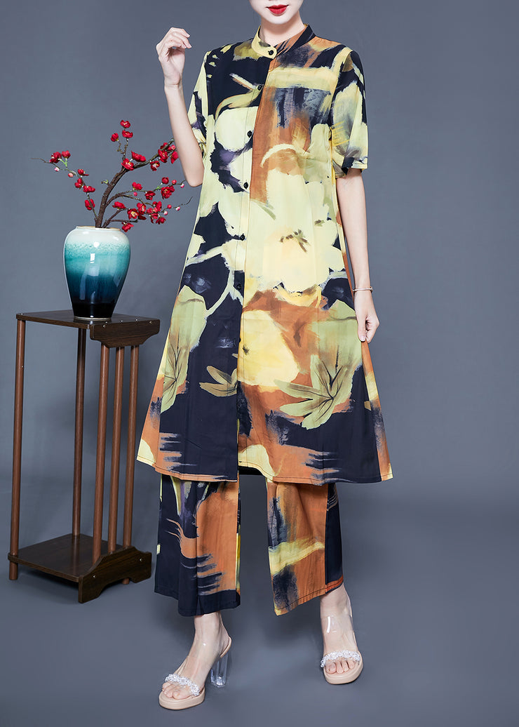 Classy Stand Collar Oversized Print Silk Two Piece Suit Set Summer