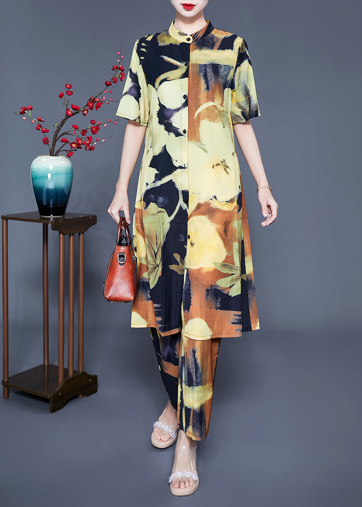 Classy Stand Collar Oversized Print Silk Two Piece Suit Set Summer