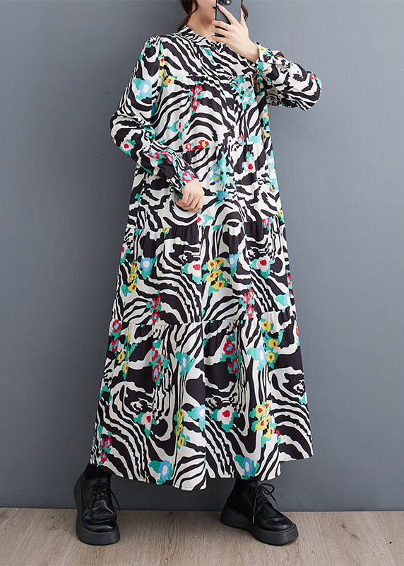 Classy Stand Collar Print Patchwork Wrinkled Maxi Dress Fall