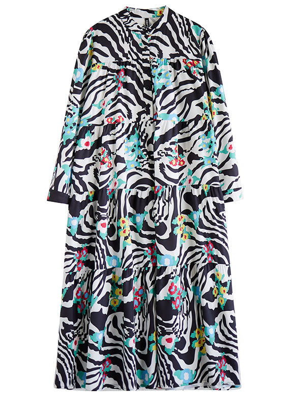 Classy Stand Collar Print Patchwork Wrinkled Maxi Dress Fall