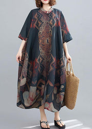 Classy Stand Collar Summer Dresses Fashion Ideas Black Abstract Pattern Long Dresses - SooLinen