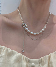 Classy Sterling Silver Zircon Pearl Bow Pendant Necklace