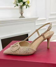 Classy Stiletto Sandals Apricot Sheepskin Pointed Toe Zircon