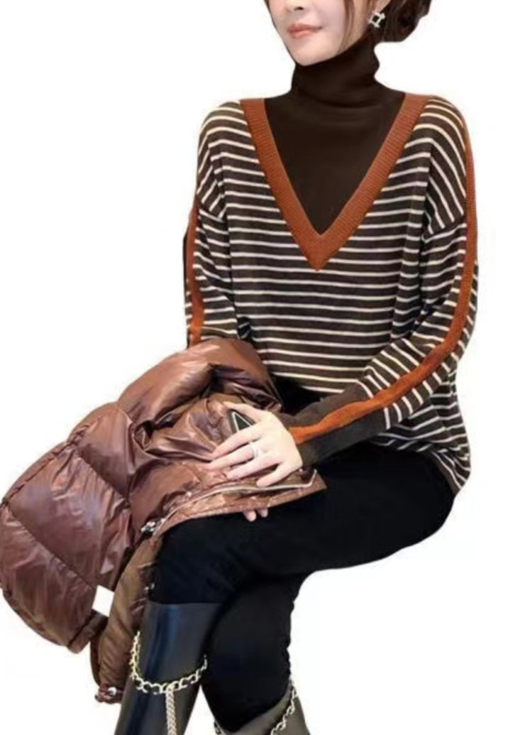 Classy Striped Hign Neck Patchwork Knit Sweaters Tops Fall