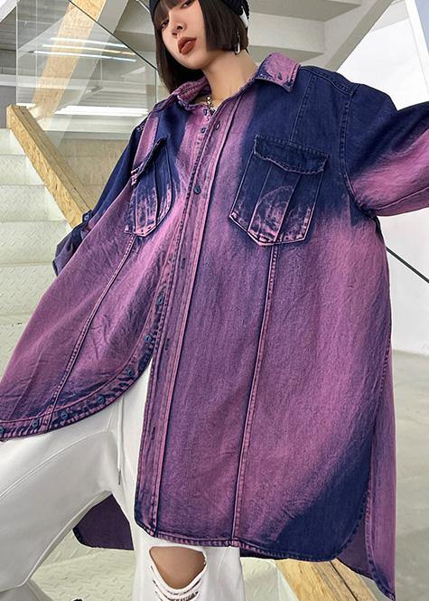 Classy Tie Dye Purple Asymmetrical Design Cotton Long Sleeve Spring Shirt - SooLinen