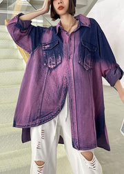 Classy Tie Dye Purple Asymmetrical Design Cotton Long Sleeve Spring Shirt - SooLinen