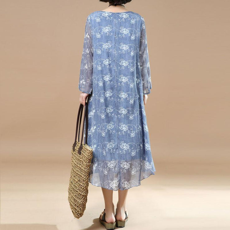 Elegante Tunika, feiner Damen-Sommerdruck, lockeres blaues Kleid