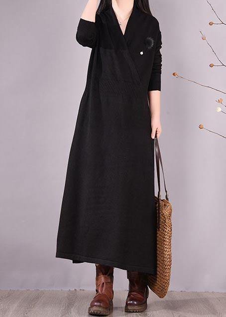Classy V Neck Asymmetric Spring Dresses Shape Black Maxi Dresses - SooLinen