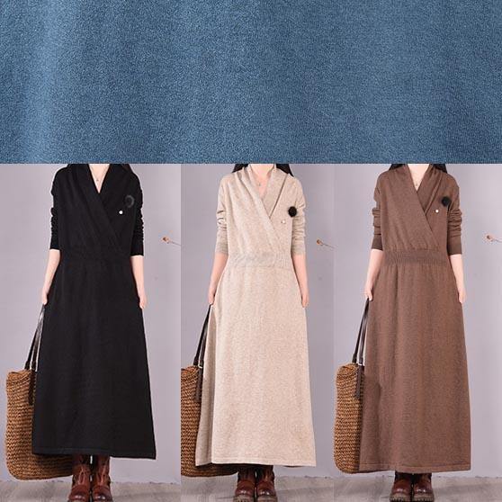 Classy V Neck Asymmetric Spring Dresses Shape Black Maxi Dresses - SooLinen