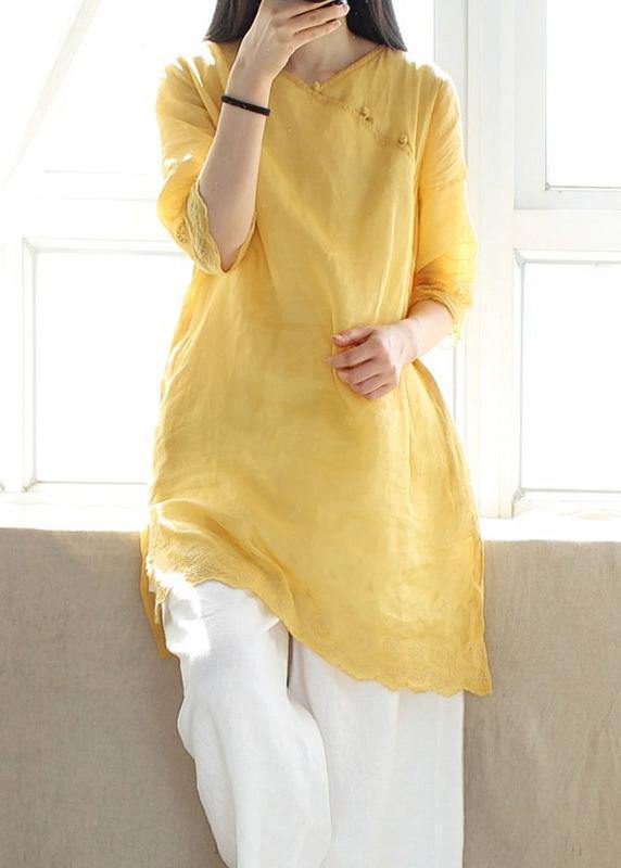 Classy V Neck Half Sleeve Blouses For Women Design Yellow Embroidery Top - SooLinen