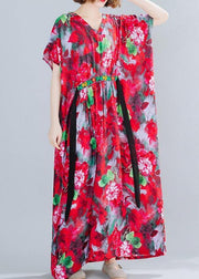 Classy V Neck Tie Waist Summer Tutorials Red Print Art Dress - SooLinen