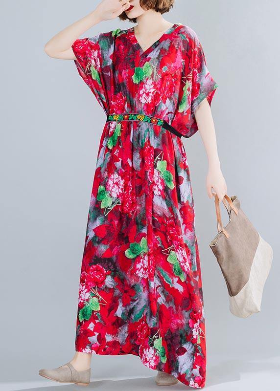 Classy V Neck Tie Waist Summer Tutorials Red Print Art Dress - SooLinen