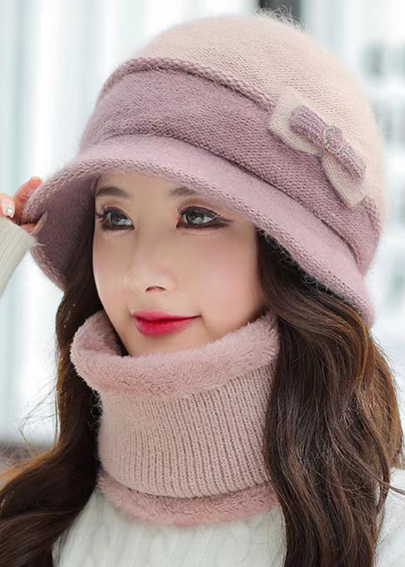 Classy Versatile Warm Gray Bow Rabbit Fur Hat And Scarf Set