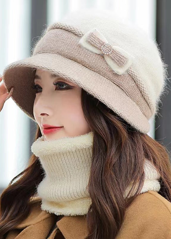 Classy Versatile Warm Gray Bow Rabbit Fur Hat And Scarf Set