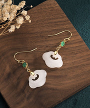 Classy White Ancient Gold Inlaid Gem Stone Jade Drop Earrings
