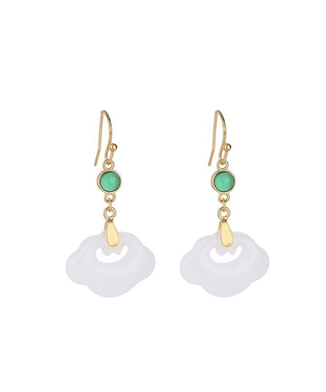 Classy White Ancient Gold Inlaid Gem Stone Jade Drop Earrings