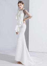 Classy White Asymmetrical Tulle Patchwork Slim Fishtail Maxi Dress Summer
