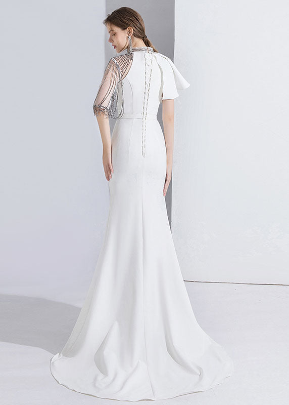 Classy White Asymmetrical Tulle Patchwork Slim Fishtail Maxi Dress Summer