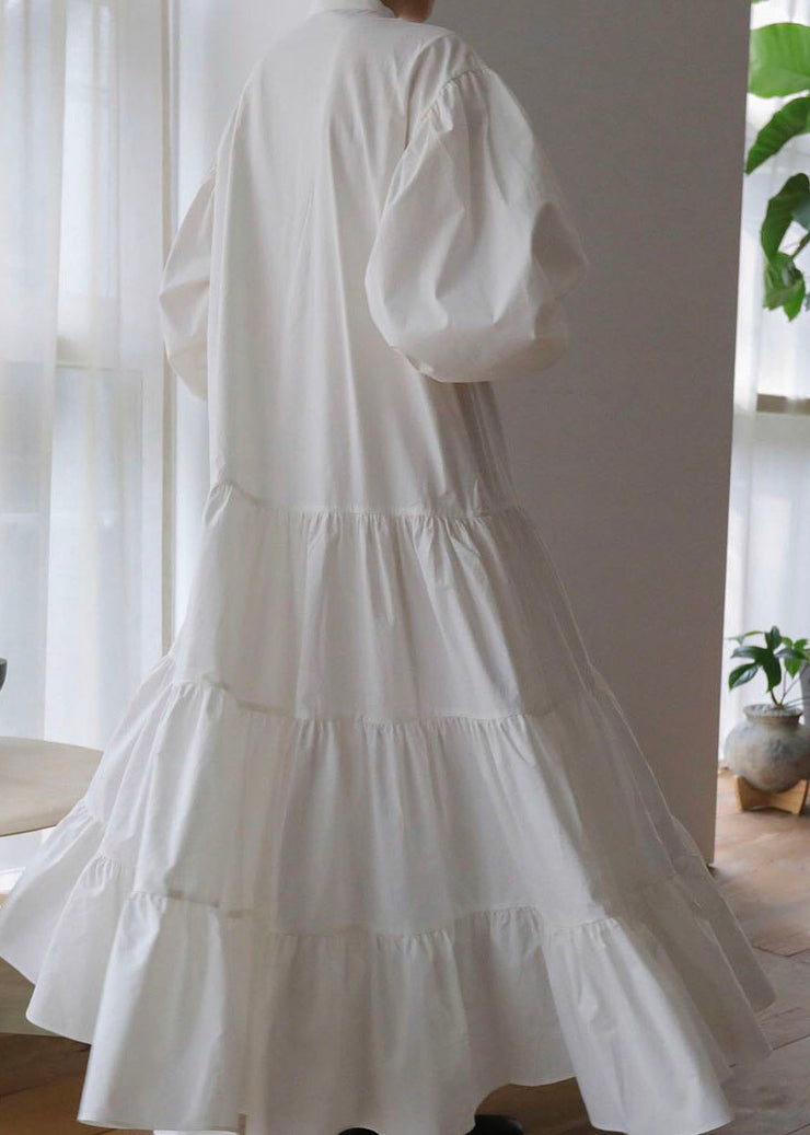 Classy White Cinched Patchwork Cotton Exra Large Hem Dress Puff Sleeve