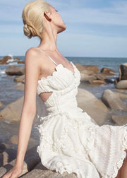 Elegantes, weißes, schulterfreies, gekräuseltes Patchwork-Kleid mit kurzen Spaghettiträgern Vestidos Summer