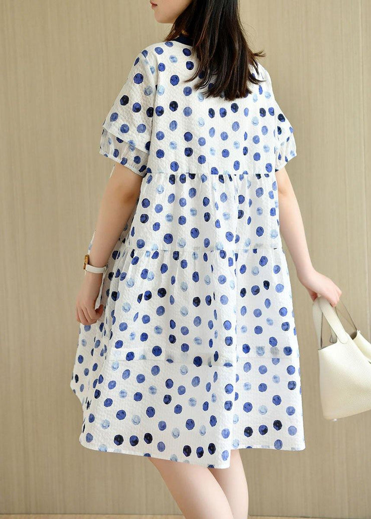 Classy White Dot Print Summer Cotton Dress Short Sleeve - SooLinen