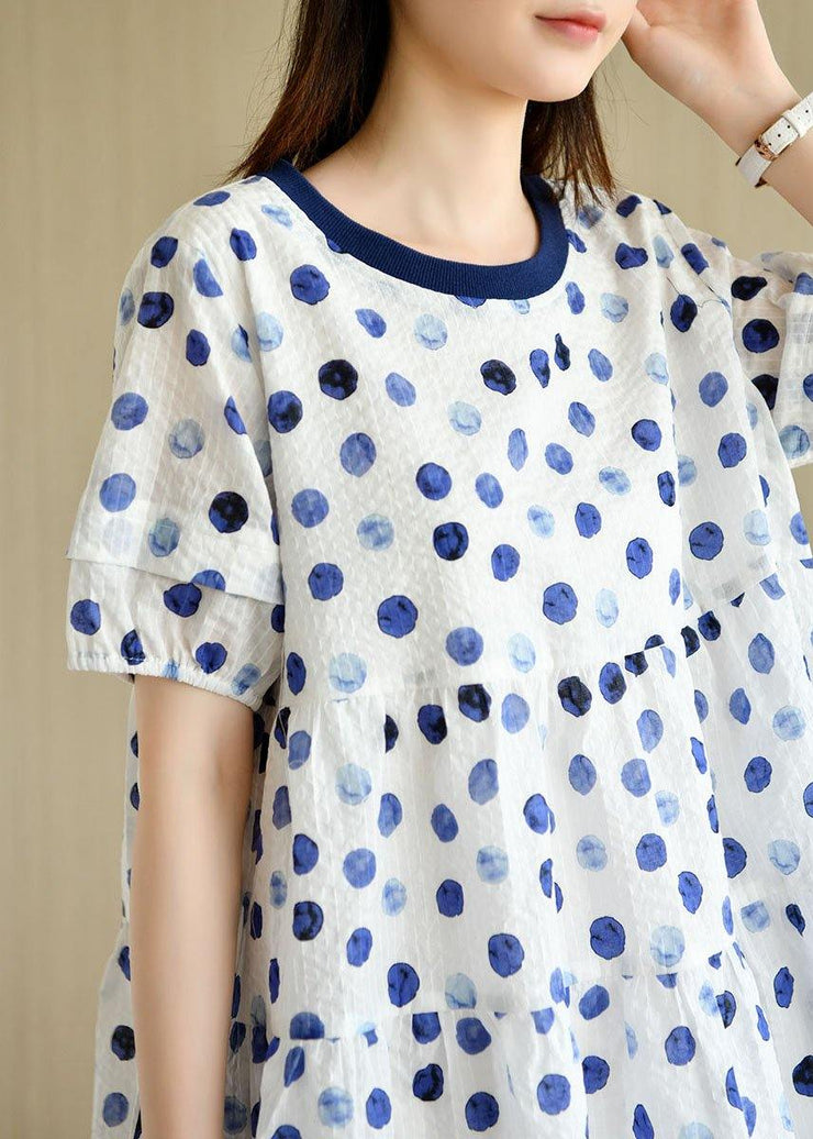 Classy White Dot Print Summer Cotton Dress Short Sleeve - SooLinen