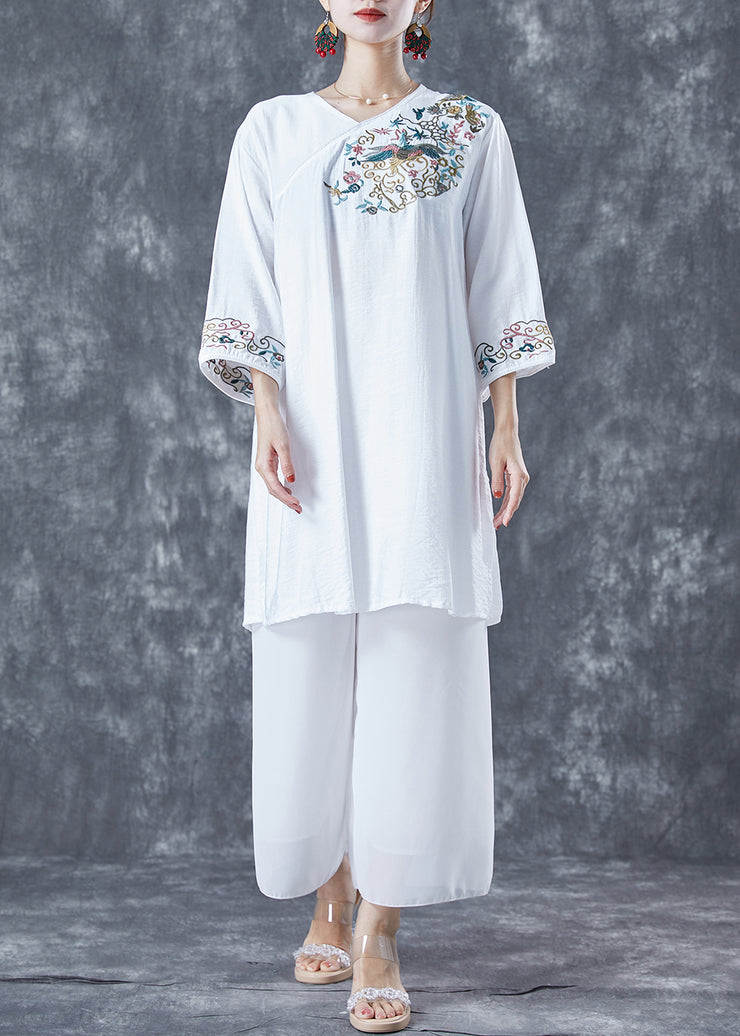 Classy White Embroidered Side Open Linen Dress Bracelet Sleeve