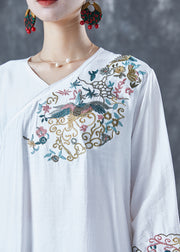 Classy White Embroidered Side Open Linen Dress Bracelet Sleeve