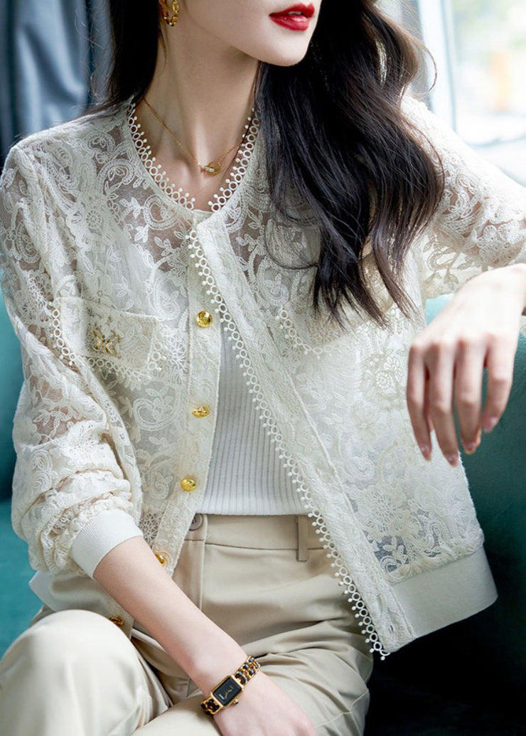 Classy White Hollow Out Button Lace Coats Long Sleeve
