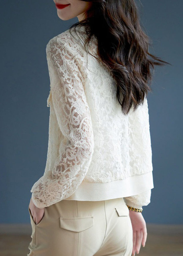 Classy White Hollow Out Button Lace Coats Long Sleeve