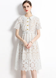 Classy White Hollow Out Embroidered Sashes Lace Dress Summer
