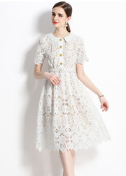 Classy White Hollow Out Embroidered Sashes Lace Dress Summer