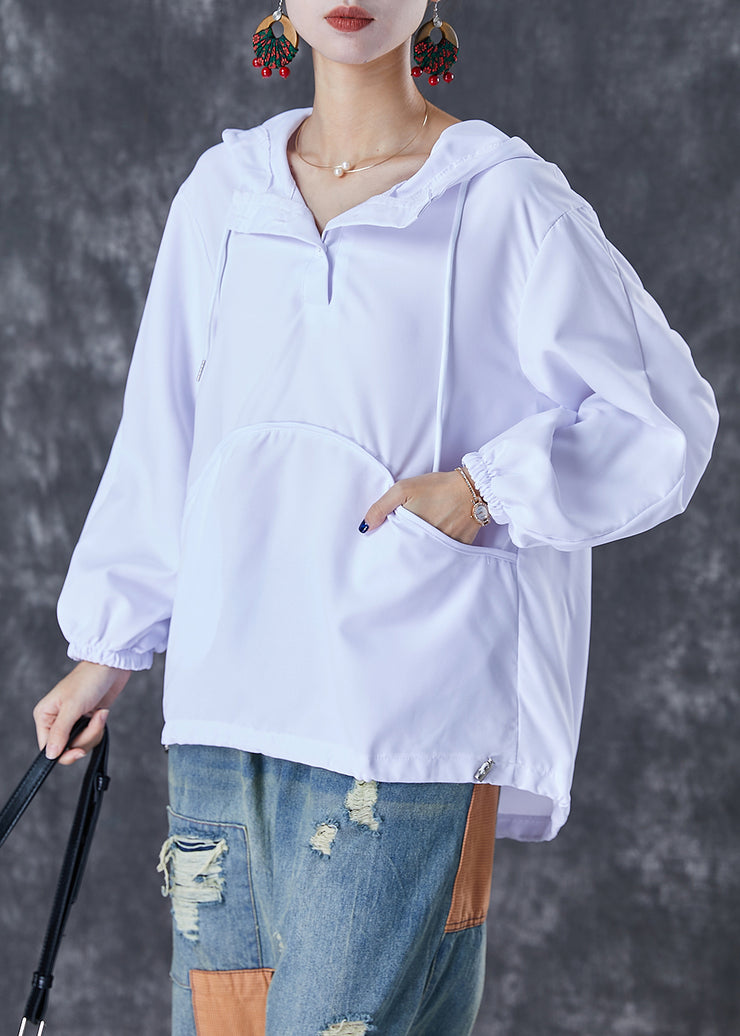 Classy White Hooded Wrinkled Cotton Sweatshirts Top Fall