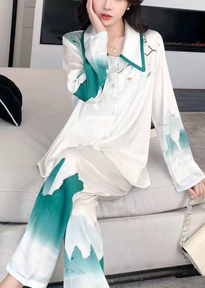 Classy White Mountains-and-waters Painting Ice Silk Pajamas Two Piece Set Women Clothing Spring