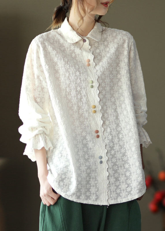 Klassisches weißes Bubikragen-besticktes Baumwollhemd mit langen Ärmeln