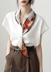 Classy White Peter Pan Collar Solid Color Draping Chiffon Shirt Tops Short Sleeve