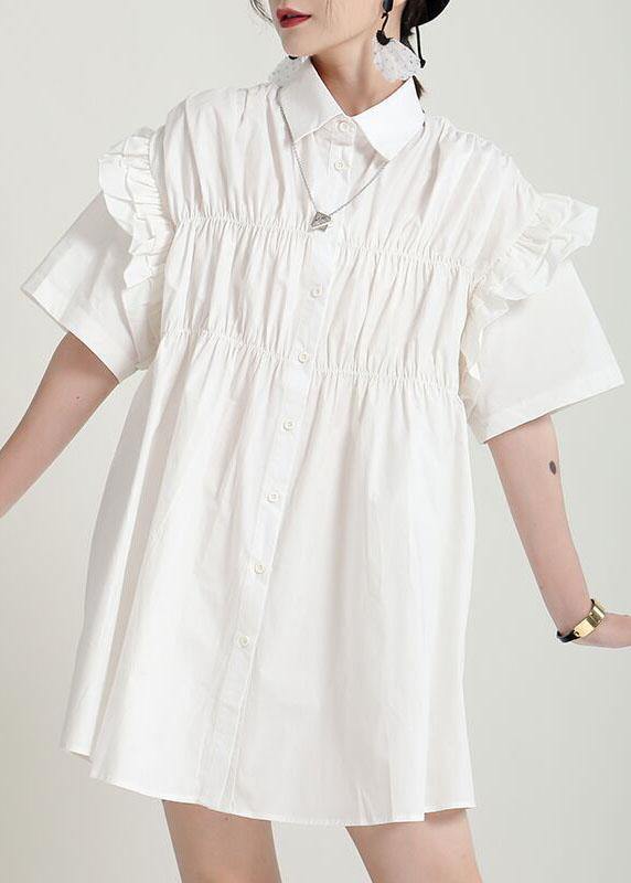 Classy White Ruffled Cinched Summer Asymmetrical Design Half Sleeve Dress - SooLinen