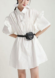 Classy White Ruffled Cinched Summer Asymmetrical Design Half Sleeve Dress - SooLinen