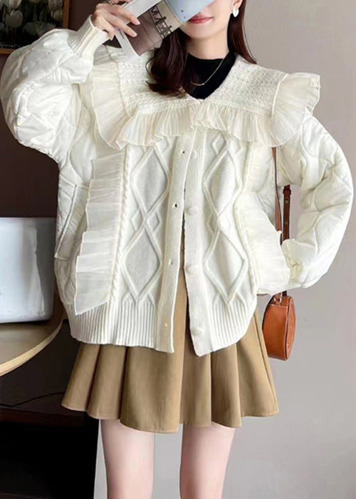 Classy White Ruffled Knit Patchwork Cotton Filled Coat Long Sleeve